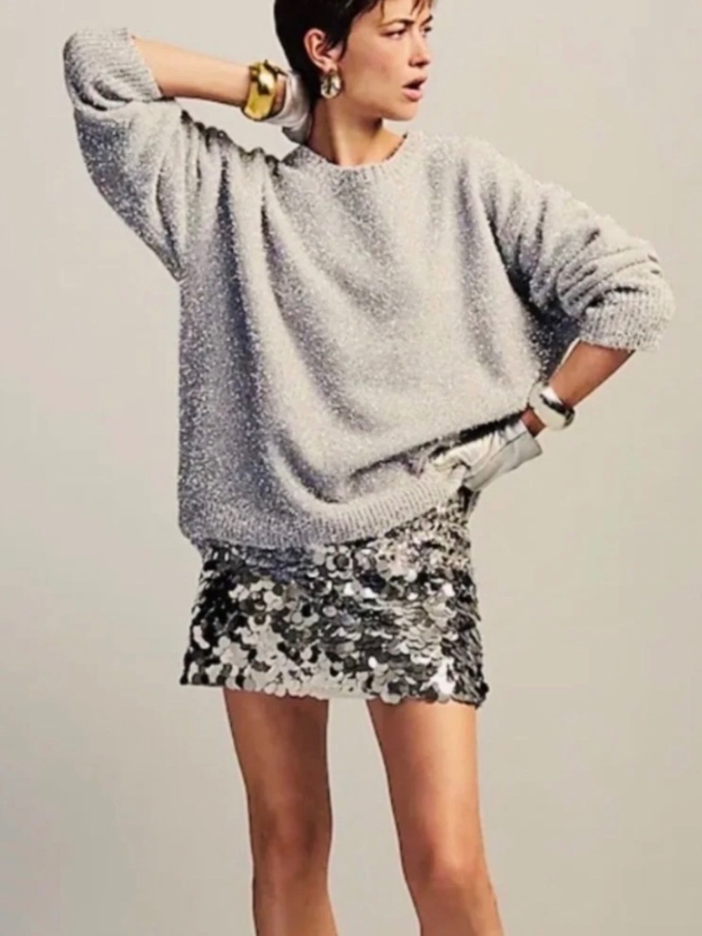 J. Crew Gray Metallic Silver Relaxed Brushed Yarn Crewneck Sweater